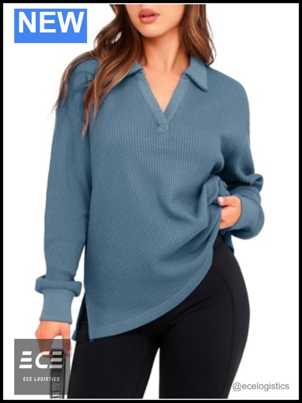 Women's Waffle Knit Sweatshirt Casual V Neck Long Sleeve Pullover Top